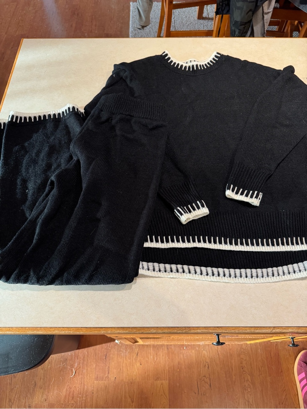 Women's Black Crewneck Sweater and pant set with Contrast White Stitching